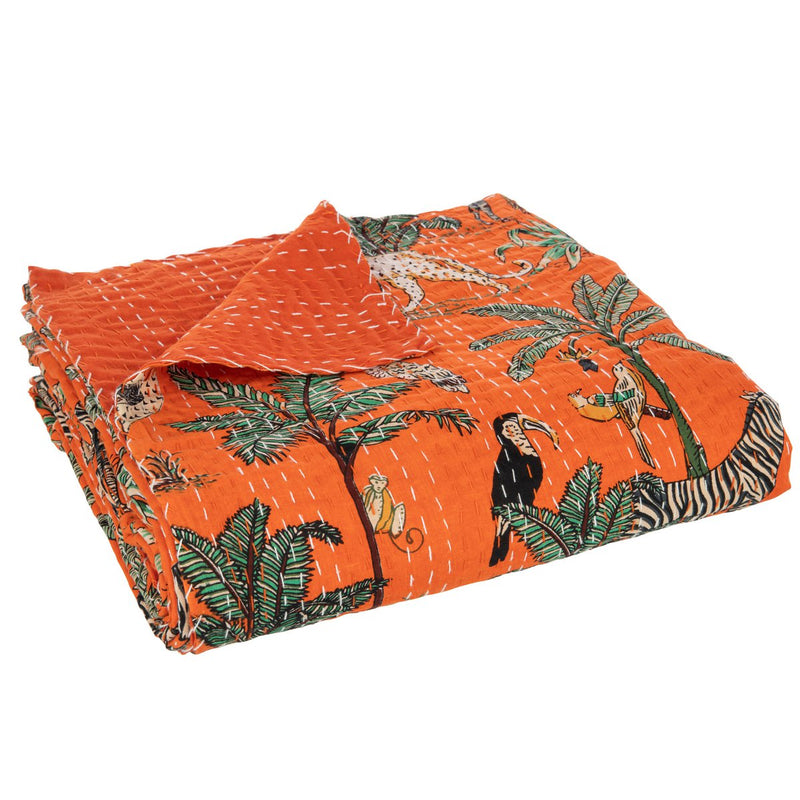 J-Line Plaid/Strand Mat Exotisch Dieren/Planten Hechtingen Katoen Oranje Large