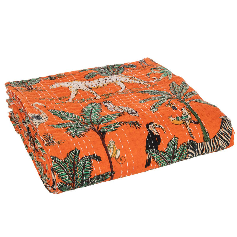 J-Line Plaid/Strand Mat Exotisch Dieren/Planten Hechtingen Katoen Oranje Large