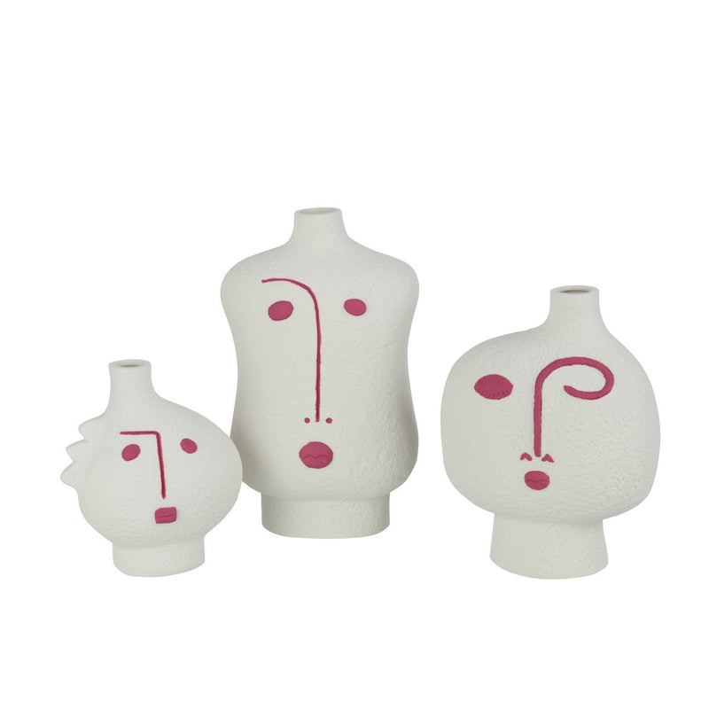 J-Line Set of 3 Vases Face Abstract Porcelain Fuchsia/White