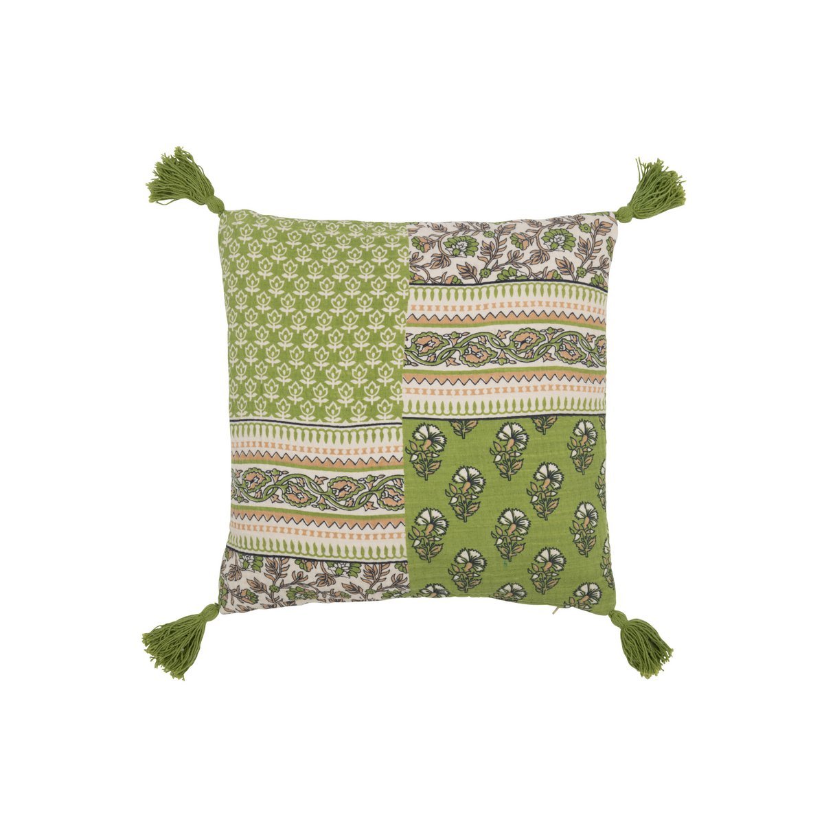 J-Line cushion Flowers + Tassels - cotton - green