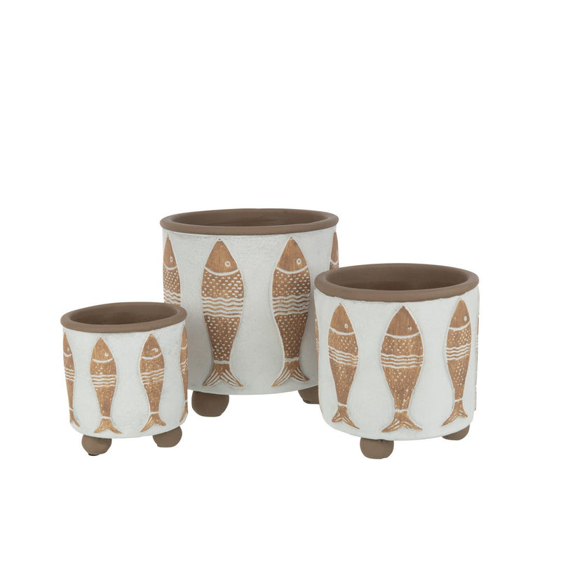 J-Line bloempot Vis - cement - wit/beige - 3 stuks