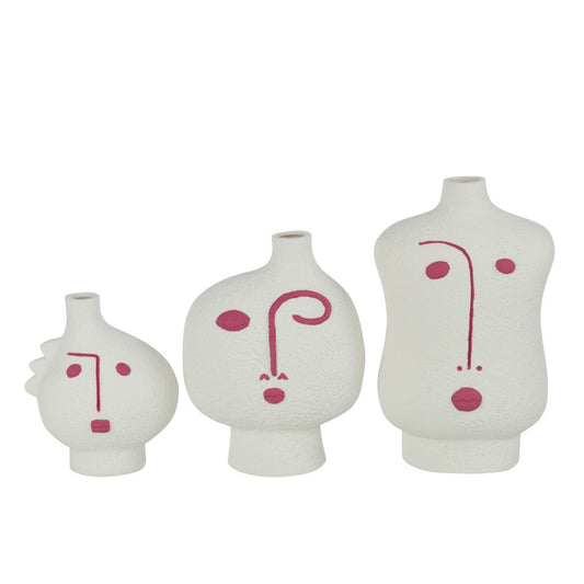 J-Line Set of 3 Vases Face Abstract Porcelain Fuchsia/White