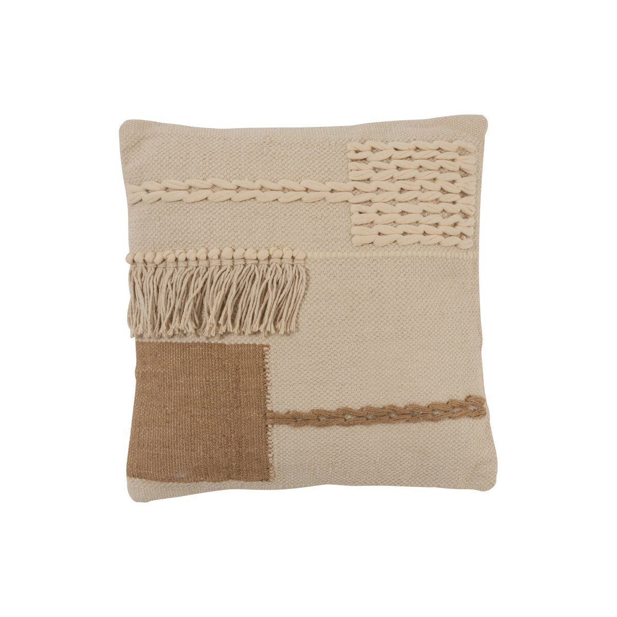 J-Line Cushion Fringes Square Cotton Beige